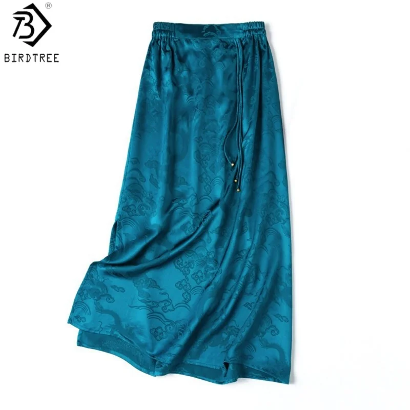 Birdtree, 40MM 100% Silk Skirt, Elastic Waist, Chinese Style, Women Jacquard Satin Side Slit Skirts, 2026 Summer New D67103JF