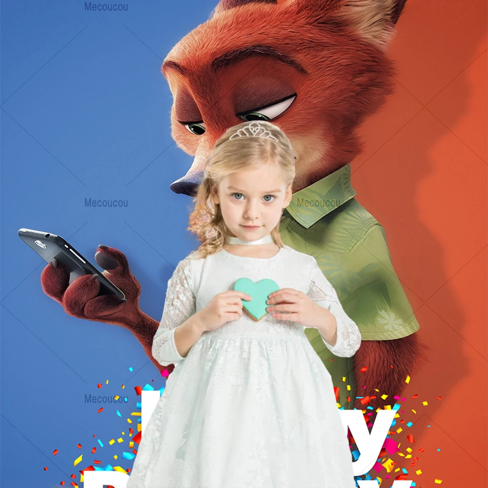 Happy Birthday Party Photography Background for Boy and Girl Zootopia Rabbit Officer Red Fox Background Baby Shower Decoration