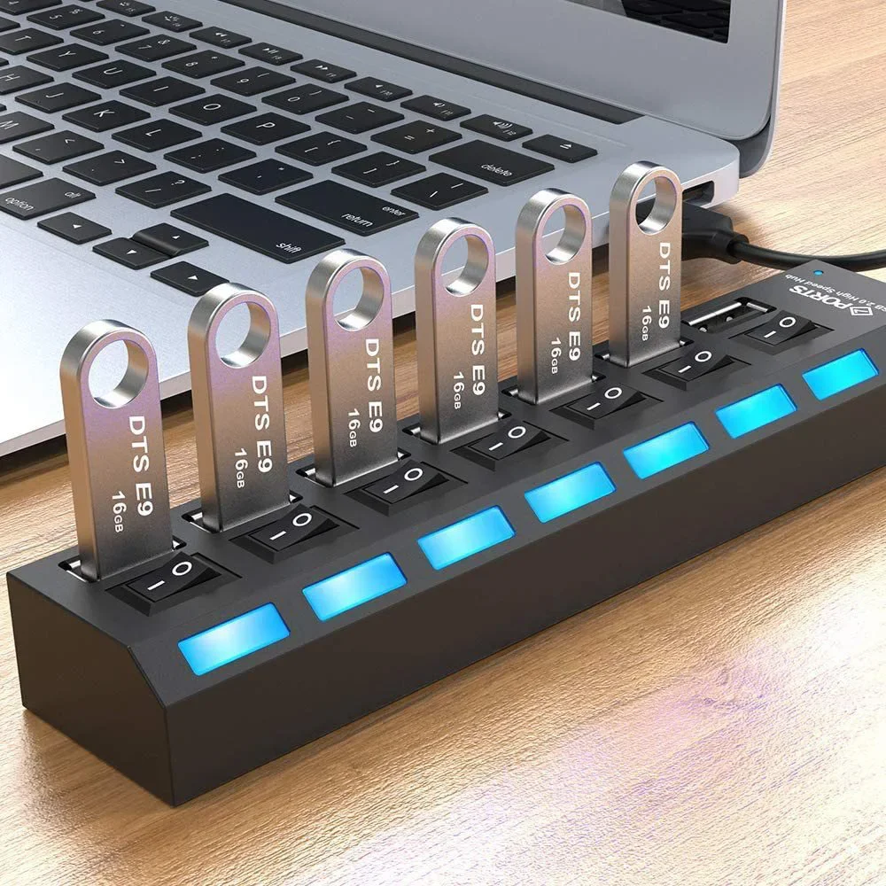 USB 2.0 Hub Multi USB Splitter Hub Verwenden Sie Netzteil 7-Port Multiple Expander 2.0 USB Hub mit Schalter für PC