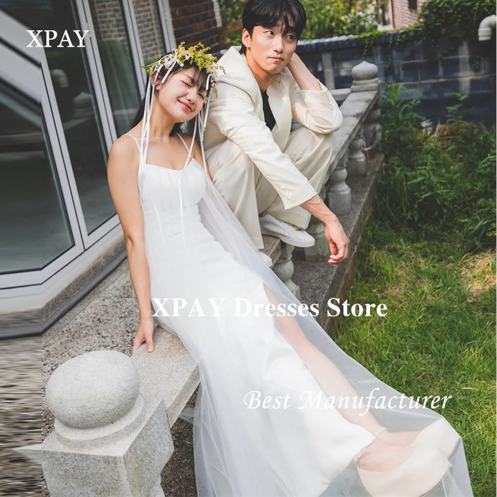 

XPAY Simple White A Line Beach Garden Wedding Dresses Korea Photo shoot Spaghetti Straps Bridal Gowns Corset Tulle Customized