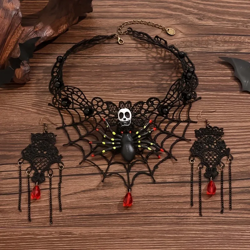 3Pcs Halloween Gothic Style Black Lace Necklace Earrings Set Spider Skeleton Spider Web Red Crystal Choker Dark Party Accessory