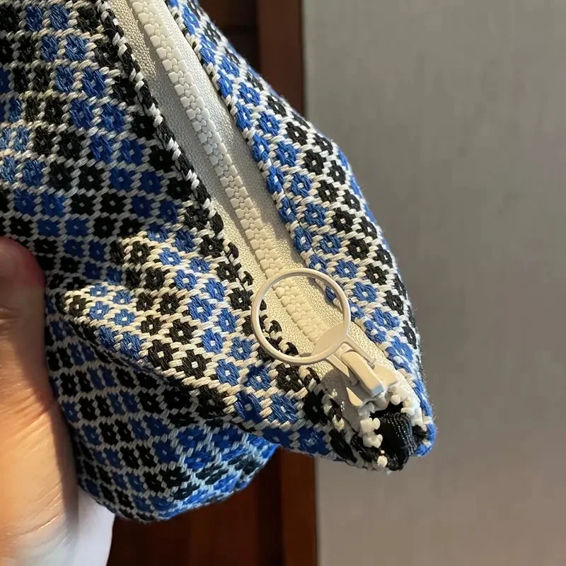 Bolsa de cosméticos Yizhilan, bolso de mano de gran capacidad portátil geométrico tejido de lana hecho a mano Retro, 1 pieza (sin colgantes)