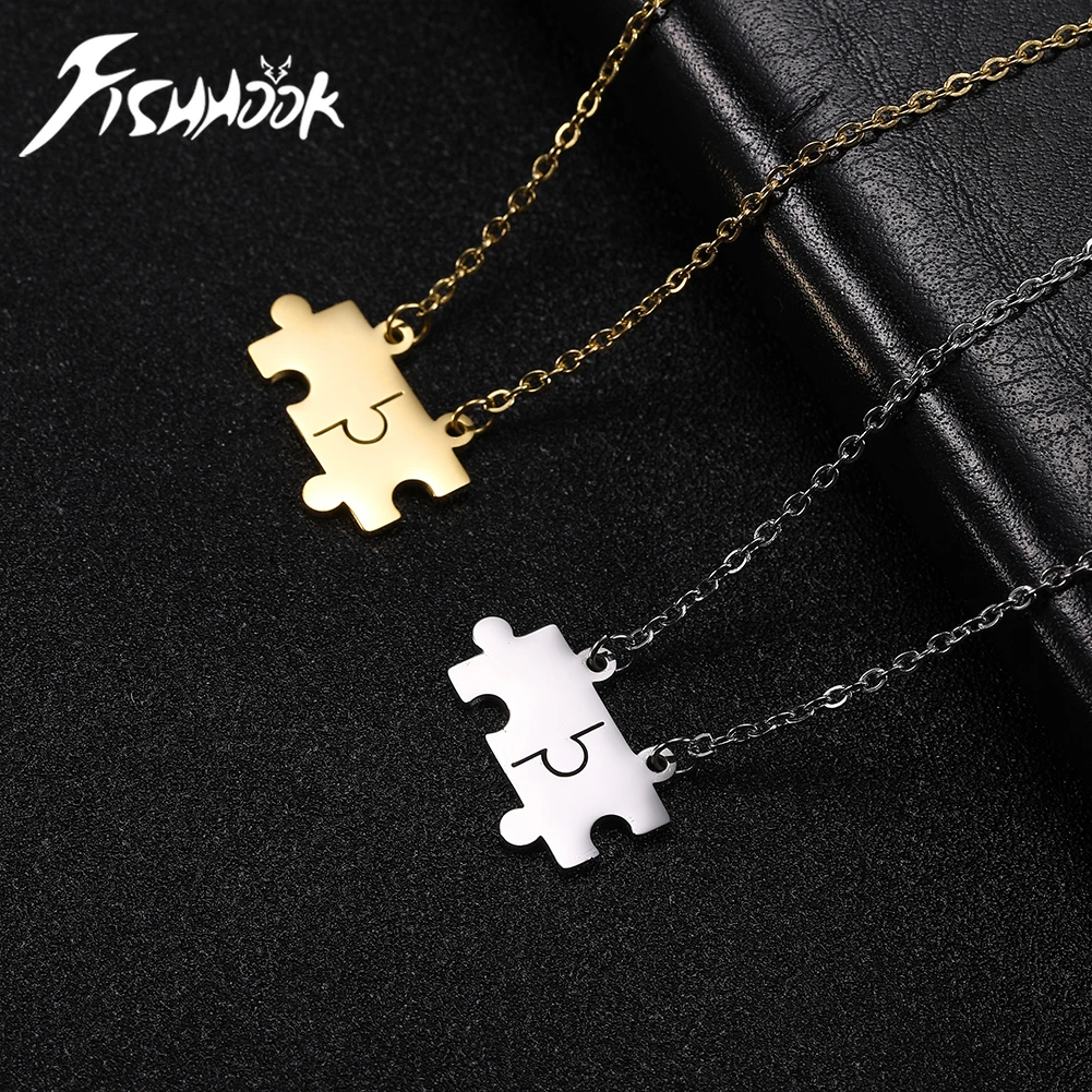 Personalized Jigsaw Puzzle Necklace Custom Engrave Alphabet Letter Name Couple Chain Gift For Women Man Stainless Steel Jewelry