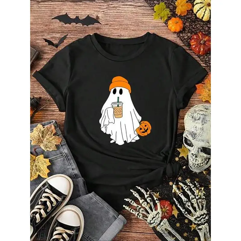 

Funny Halloween T-Shirt Women's Cute Ghost Graphic Tee Spooky Pumpkin Coffee Lover Fall Season Cotton Top Gift