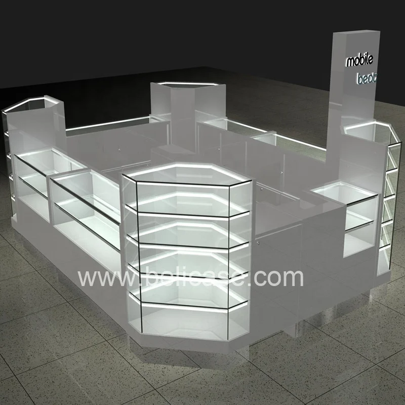 custom，Modern MDF Cell Phone Showcase Display Counter Design with LED Light Lockable Mobile Kiosk Stand for Mall