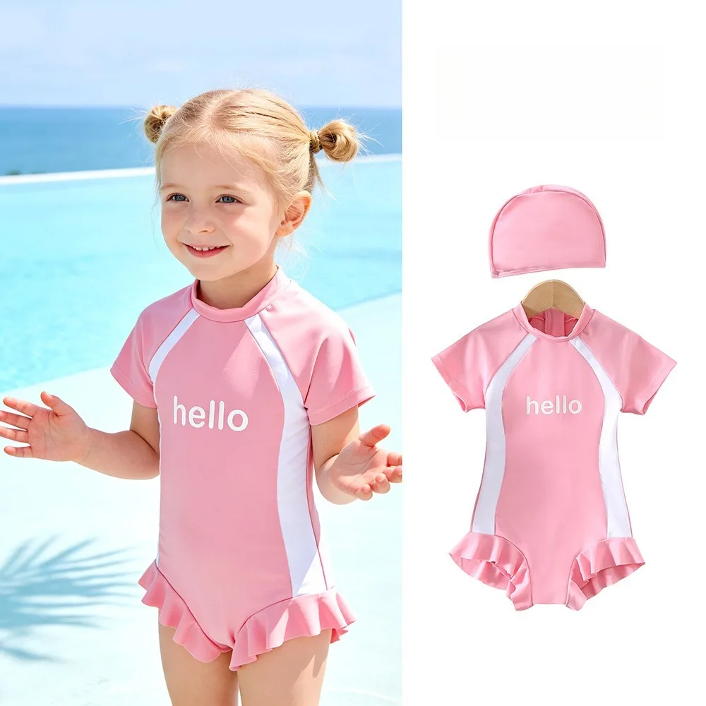 

Купальник для девочек-малышек, розовый, с коротким рукавом, цельный, с защитой от солнца, для пляжа, летний