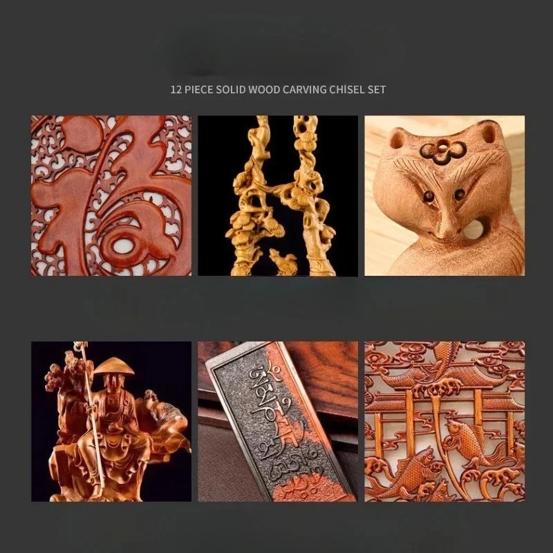 For Workshop Woodworking Carpentry Lathe Gouges Manual Tools 12Pcs Steel Solid Wood Carving Trimming Tool Hand Chisel Set 195mm