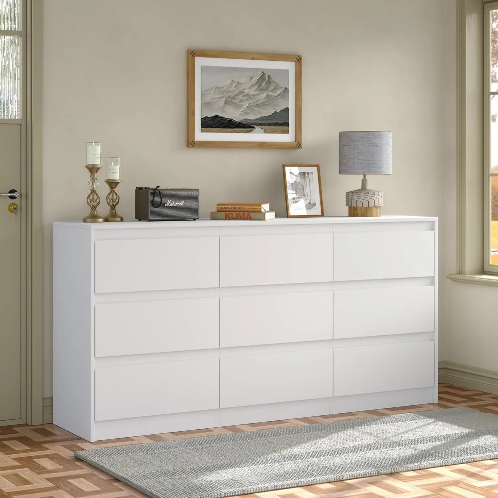 

Modern 9 Large Storage Drawers Dresser for Clothes Organizer, White Modern Chest of Drawers for Closet,63 Long Drawer