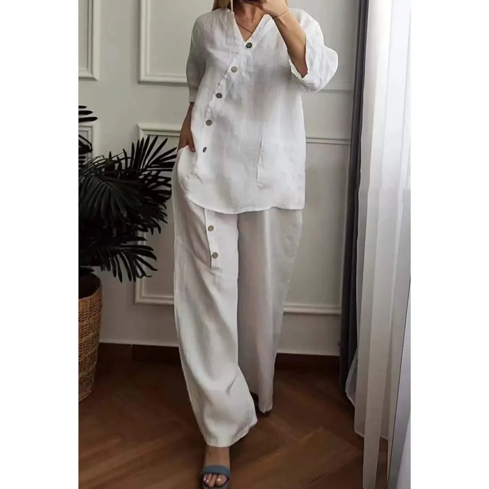 Summer New Solid Color Cotton Linen Women\'S Suit 3/4 Sleeve Top Fashion Retro Pocket Wide Leg Trousers Female Casual 2 Piece Set