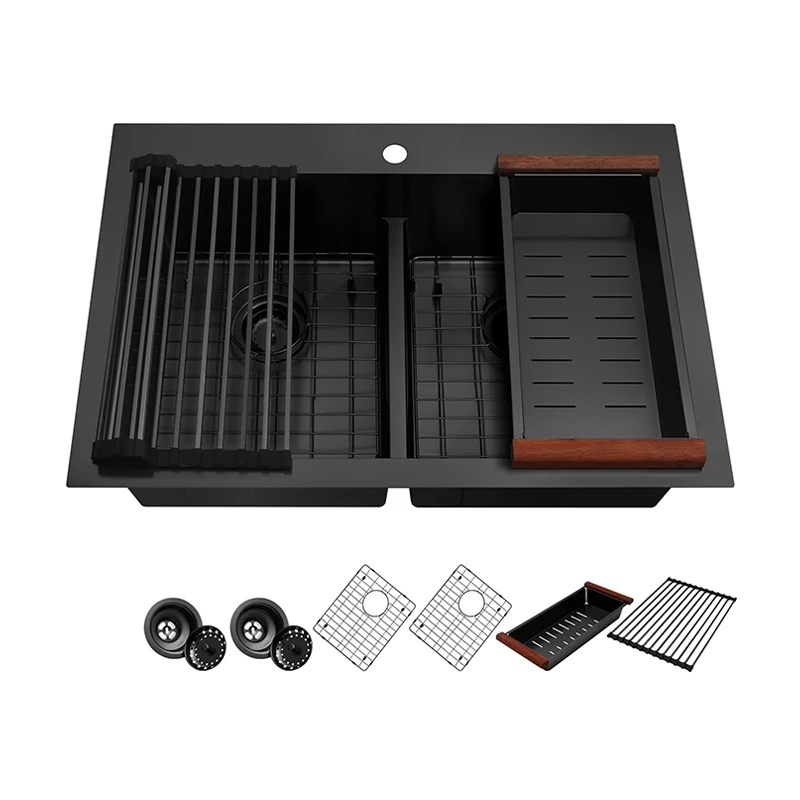 

Luxury Multifunctional Kitchen Black 304 Stainless Steel Sink Double Bowl with Accessories