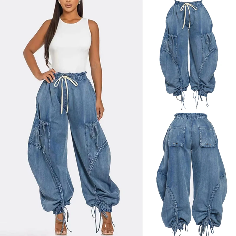 Women Lace Up Wide Leg Jeans Fashion High Waist Patchwork Drawstring Vintage Loose Pant Female Casual Denim Trousers Streetwear