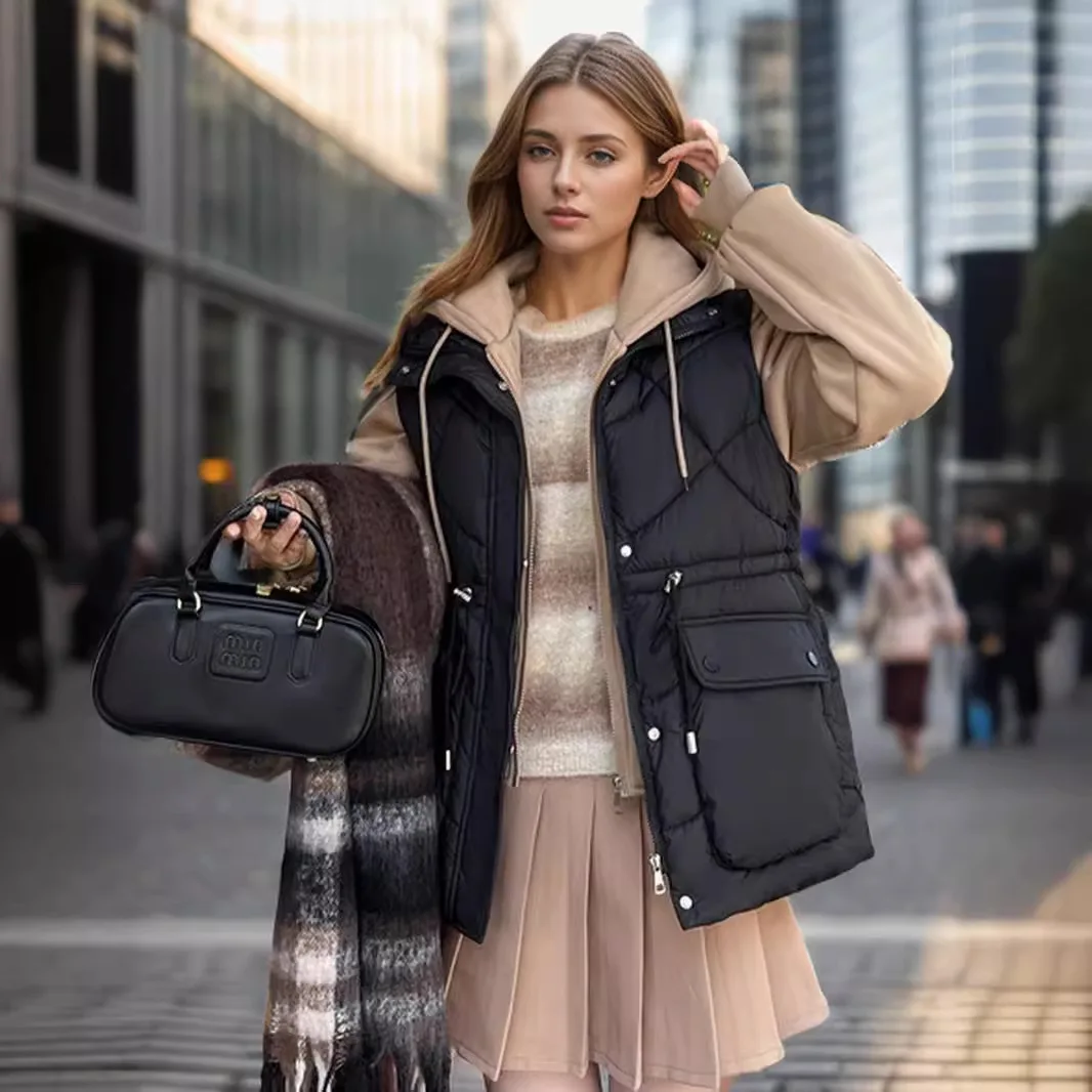 

2025 Winter Women's Cotton Jacket Female Cotton Vest Waistband Fake Two Cotton Coats Patchwork Sweatshirt Thick Hooded Jacket