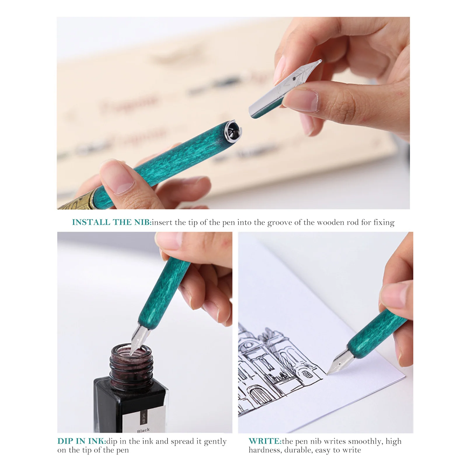 1 conjunto de canetas de caligrafia, cabo de madeira retrô, 6 pontas, escrita suave, resistente ao desgaste, desenho de arte, prática de caligrafia em inglês