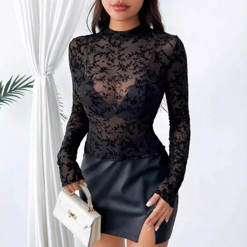 2025New Year's Single Layer Mesh Small Stand Collar Flocked Printed Long Sleeve Base Shirt for WomenTShirt