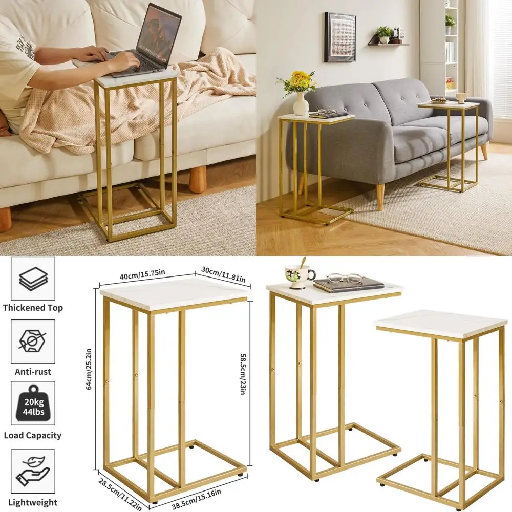 

Приставные столики C-образной формы, комплект из 2 штук, с мраморной столешницей и золотыми акцентами для гостиной или спальни