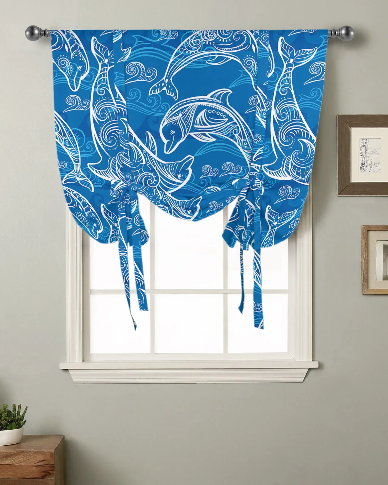 

Summer Dolphin Waves Blue Kitchen Short Window Curtain Rod Pocket Curtains Home Decor Bedroom Small Window Roman Tie Up Curtains