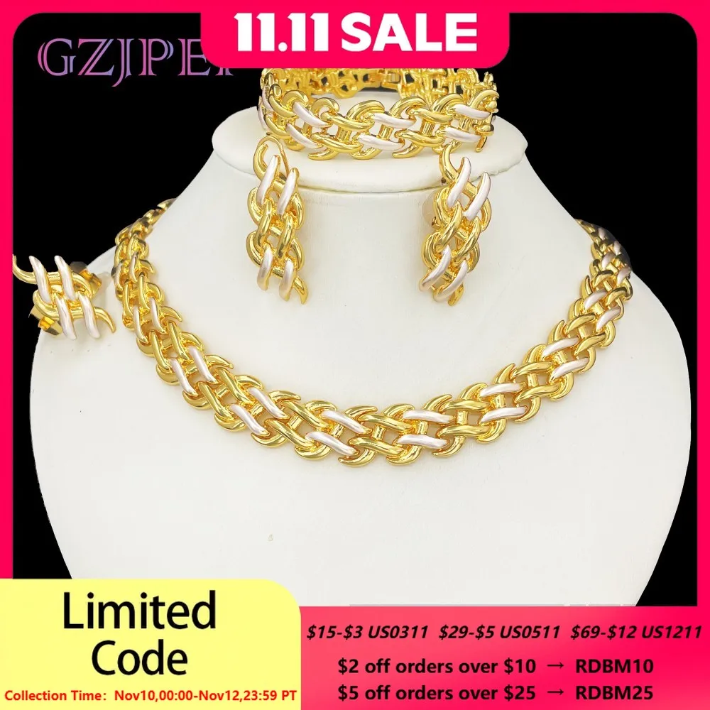 

GZJPEI 4 Pcs Women Jewelry Set Dubai Gold Plated Necklace Chain Bracelet Stud Earring Big Ring 2025 New Wedding Jewellery Gifts