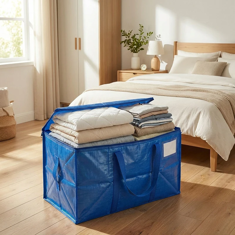 Heavy Duty Reusable Blue PE Woven Storage Bag Large Capacity Zippered Organizer with Label Window for Bedding, Garments & Moving