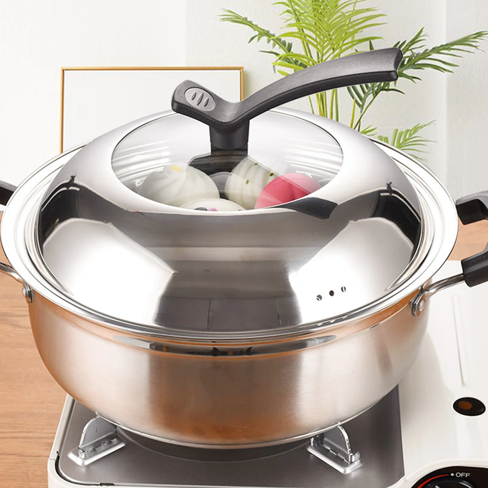 

Thickened Pot Cover 26cm Stainless Steel Glass Lid Arched Design Frying Pan Cover Visible Vent Practical Cooking Helper Kitchen