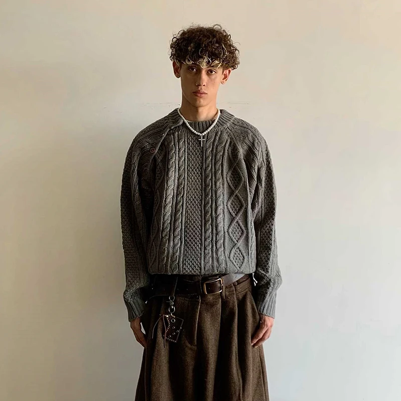 

American Retro Loose Fit Men's Knitted Sweater round Ne Lazy Twist Casual Winter Faion Youth Active Sle Long Sve