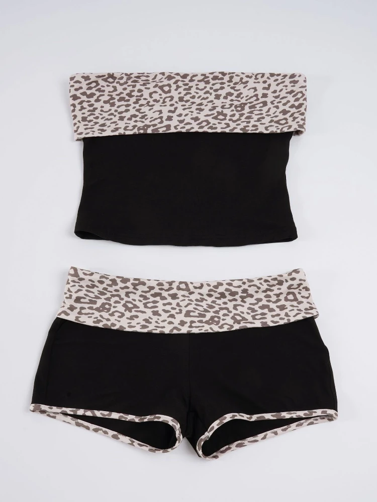 Stsss verão y2k hottie conjunto de 2 peças feminino sexy leopardo impressão retalhos sem alças sem mangas colheita topo & shorts finos combinando terno