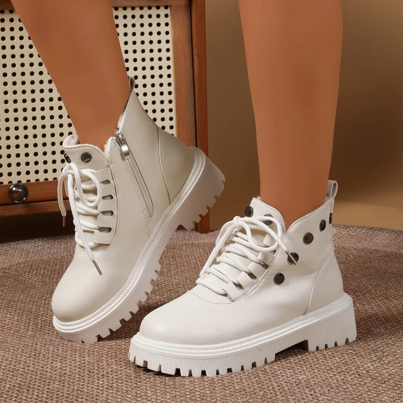 Spring Autumn New Lace Up Thick Soled Casual Women's Ankle Boots Fashion Rivet Decor Solid Round Toe Comfortable Women Shoes