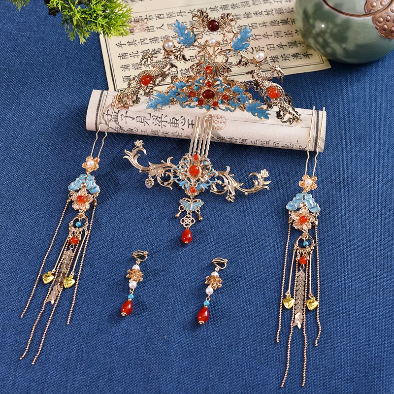 

Elegant Flower Hair Sticks Chinese Style Hanfu Wedding Bridal Hair Accessories Jewelry Pin Band Set Bridal Headwear Gifts