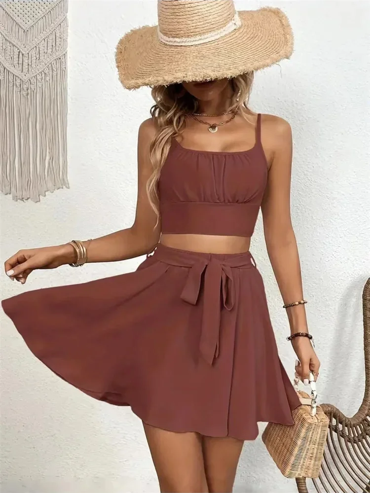 Two-piece Women's Casual Solid Skirt Set with Crop Camis Top Tie Front Skirt