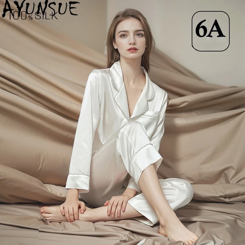 AYUNSUE 22Mm 100% Mulberry Silk Sleepwear Women Spring Summer Clothes Pajama Set Long Sleeve Top Casual Pants Sets Streetwear
