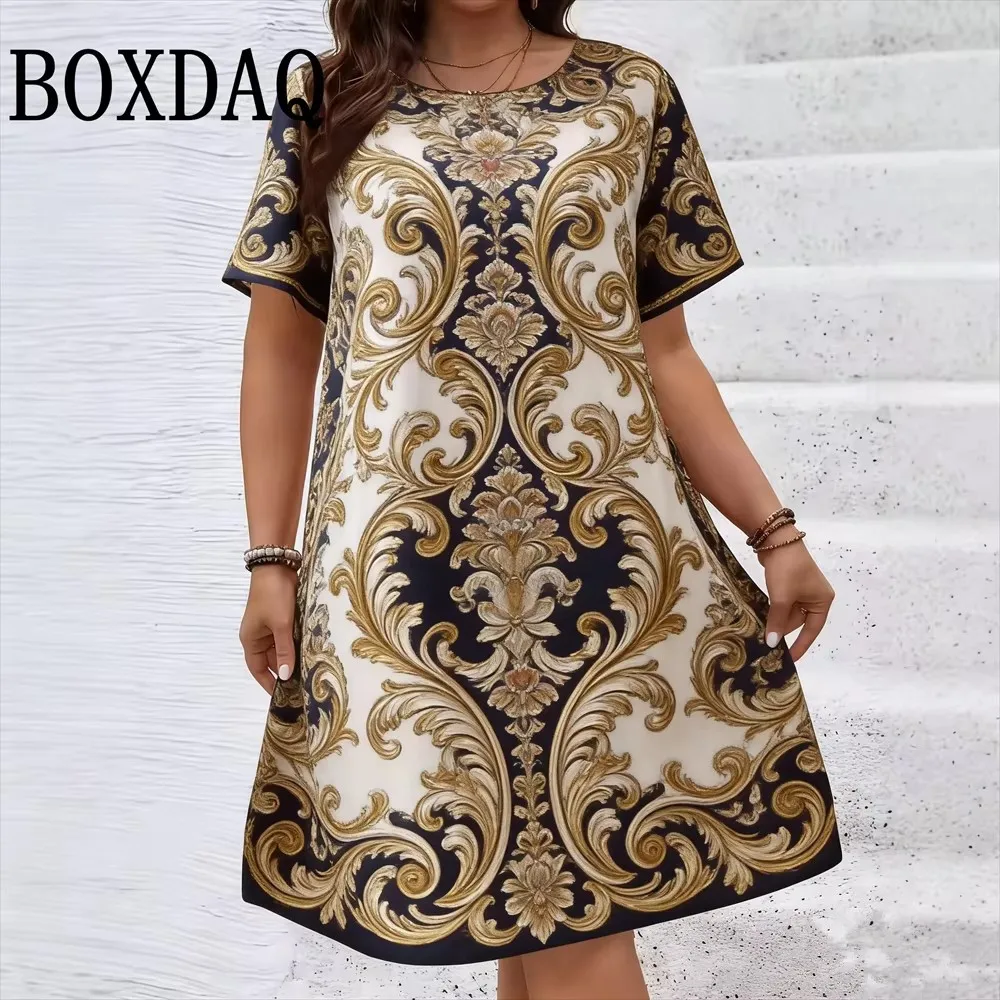 Vintage Ethnic Style Geometry Printed Party Dress Plus Size Women Casual O-Neck Short Sleeve Mini Dresses For Women Summer Loose