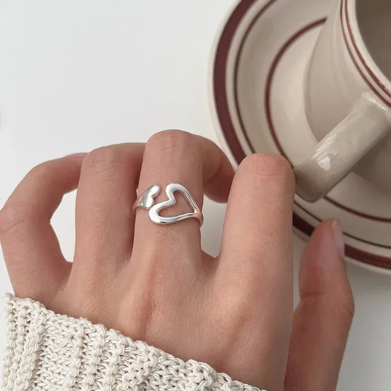 Women's Silver Color Hollow Heart Adjustable Ring