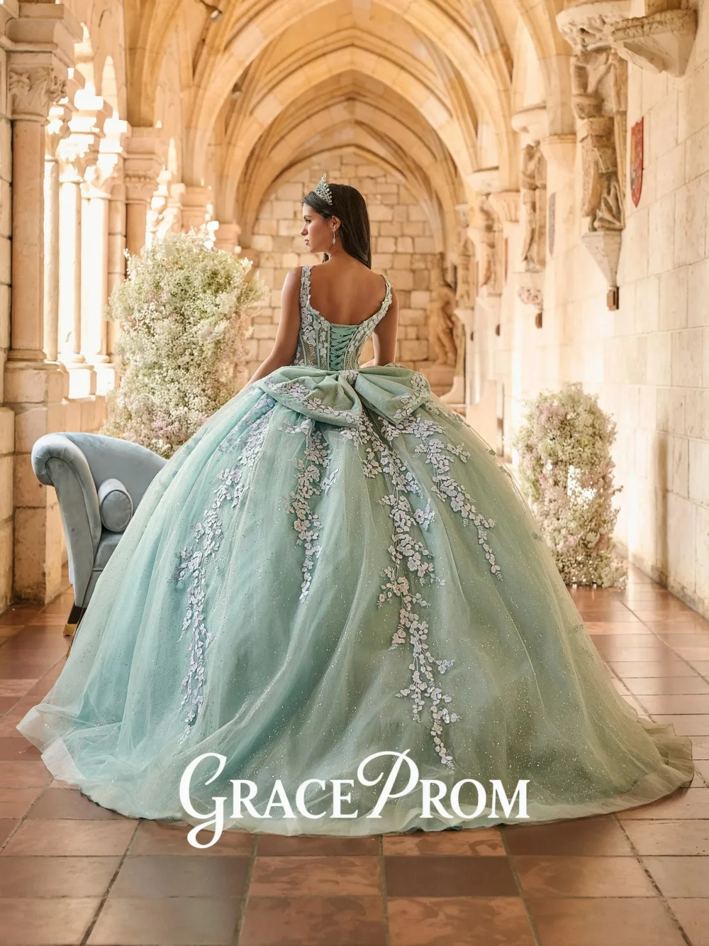 GraceProm Ethereal Quinceanera Dress 2026 Spaghetti Strap Floral Appliques Rhinestones Vestidos De 15 Anos Customized