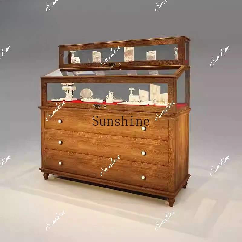 Collectibles Display Cabinet Jewelry Jade Glass Display Cabinet All Solid Wood Double Layer Customization  FT