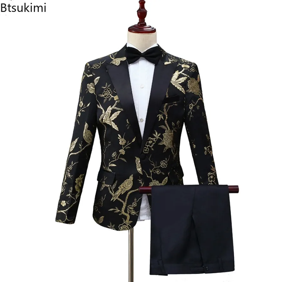 High-end Embroidered Suit Two Piece Sets for Men Woodpecker Jacquard Slim Suit Coats Pants Men's Party Dress Suit Stage Costumes