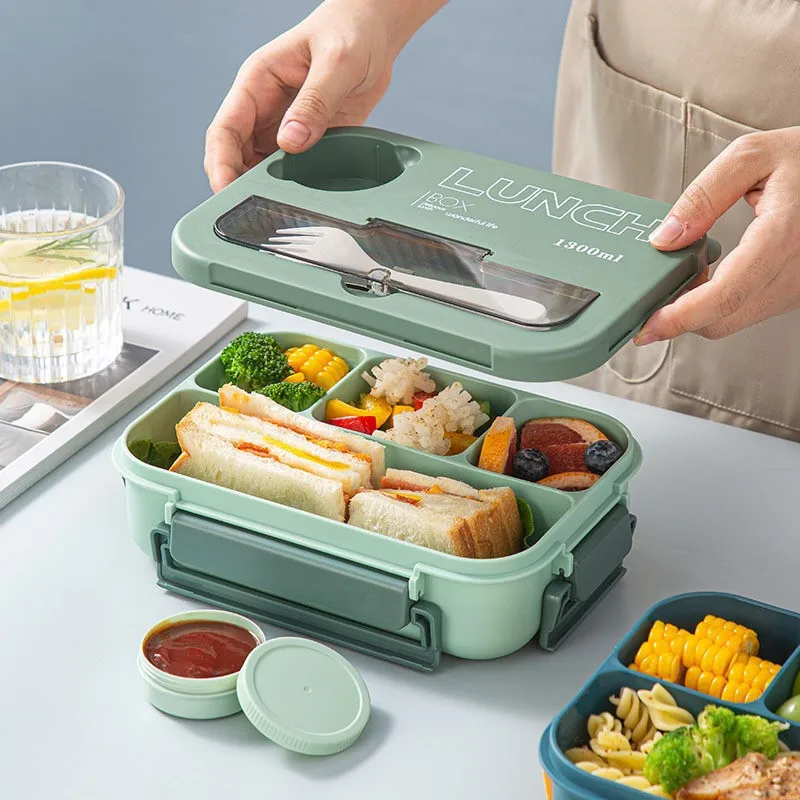 Scomparto 1300ML Lunch Box portatile Bambini Studenti Bento Box da ufficio con forchetta e cucchiaio Contenitore per alimenti per microonde