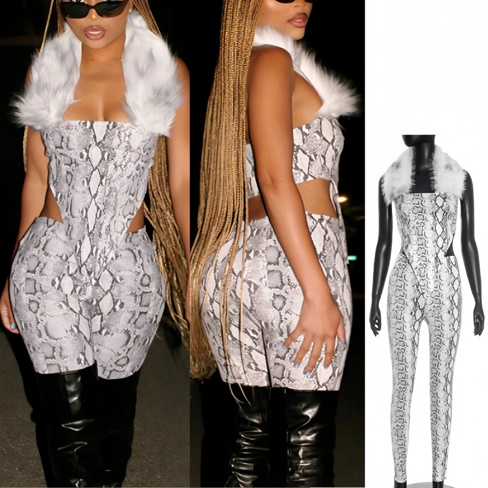 

FAGADOER Sexy Fur Patchwork Two Piece Outfits Woman Halter Sleeveless Backless Crop Top + Skiny Pants Matching Female Streetwear