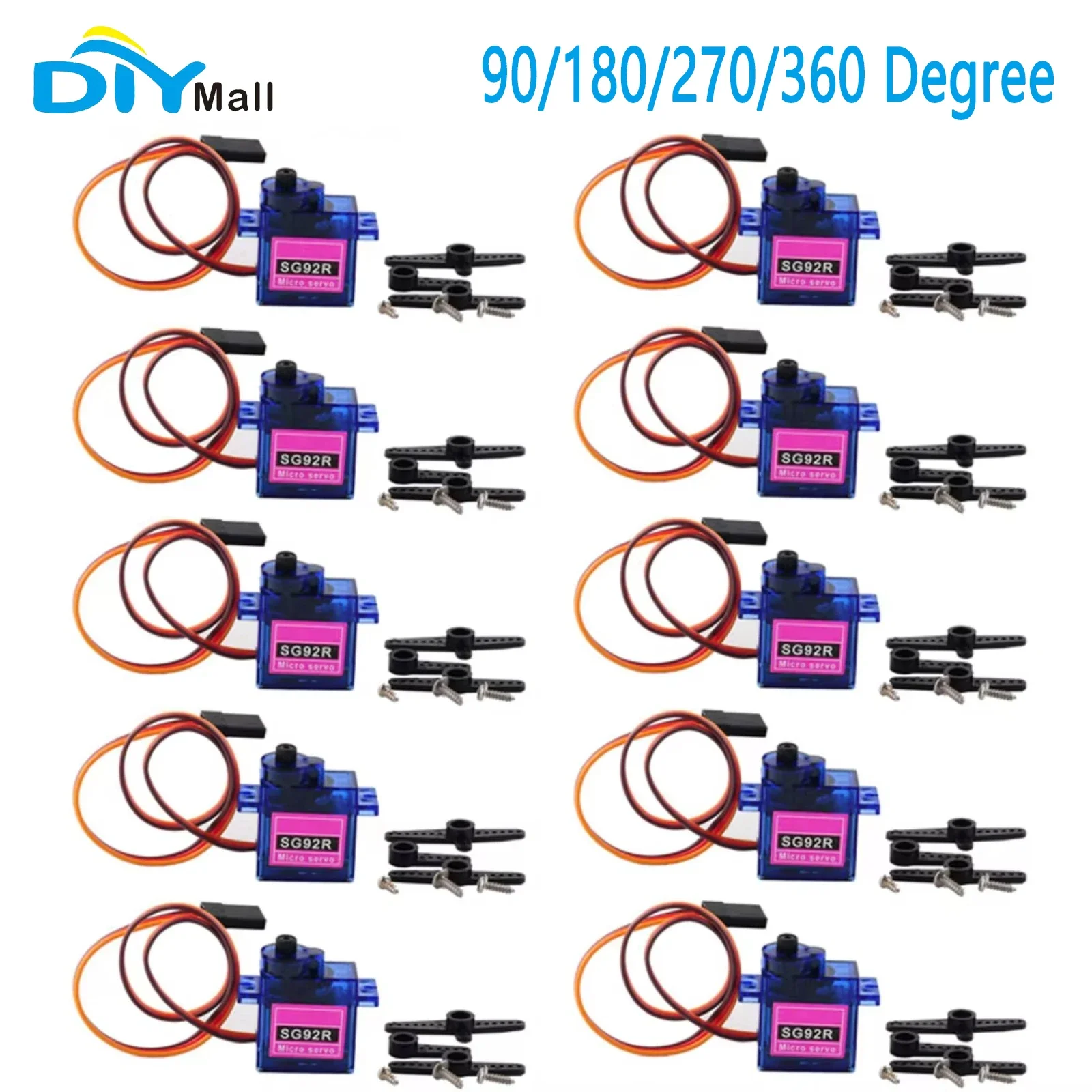 SG92R Micro Servo, 9g 4.8V-6V 90/180/270 Degree Angle Controllable, 360 Continuous Rotation for RC Cars (Pack of 10)