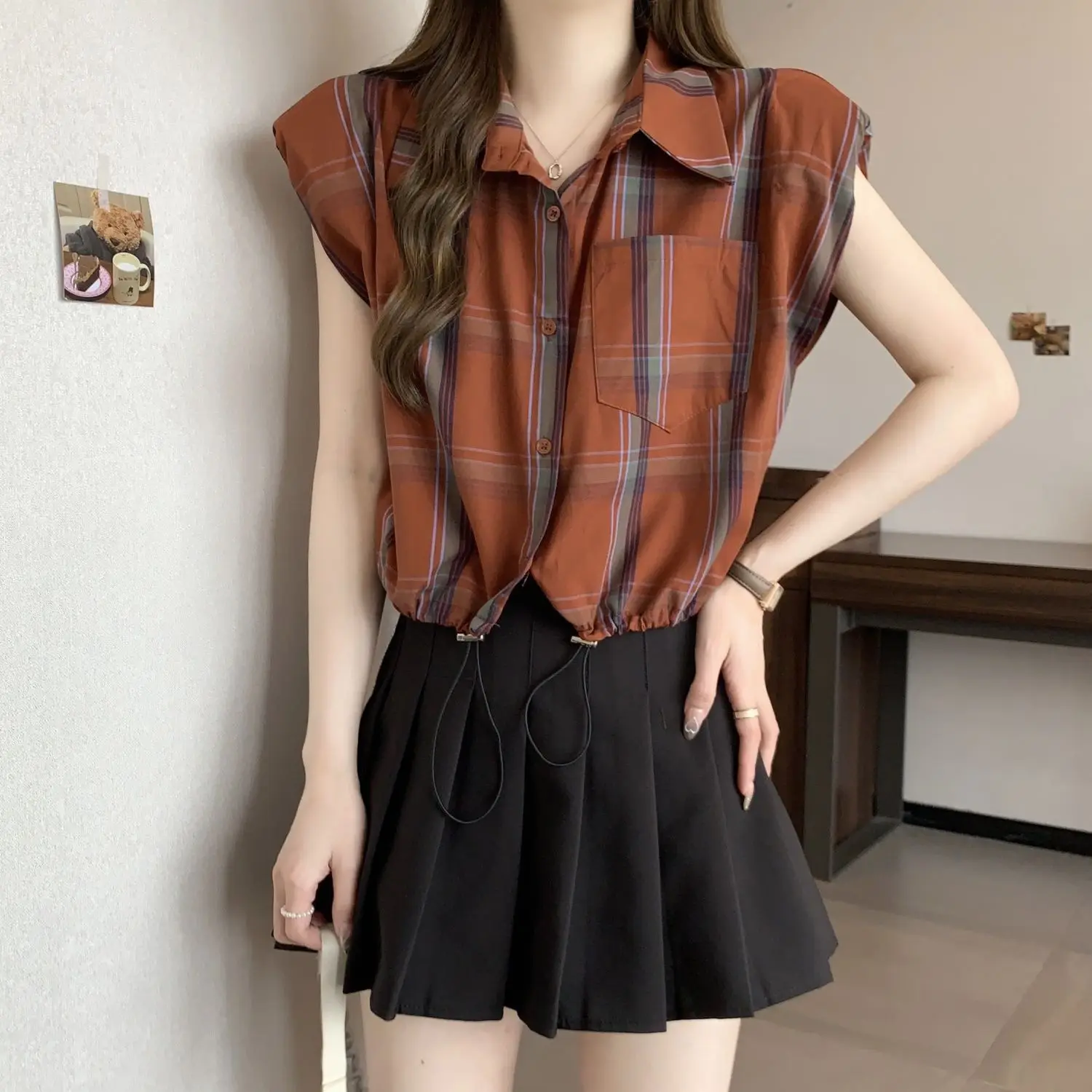 Casual Retro Plaid Shirt for Women\'s 2024 Summer New Short Style Loose Oversized Slimming Sleeveless Drawstring Top