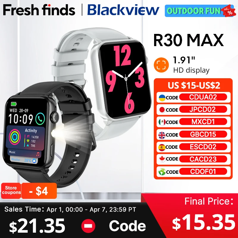 

【World premiere】Blackview R30 Max Smartwatch 1.91" Bluetooth Phone Call Flashlight 350mAh Al Voice Assistant Sports watch