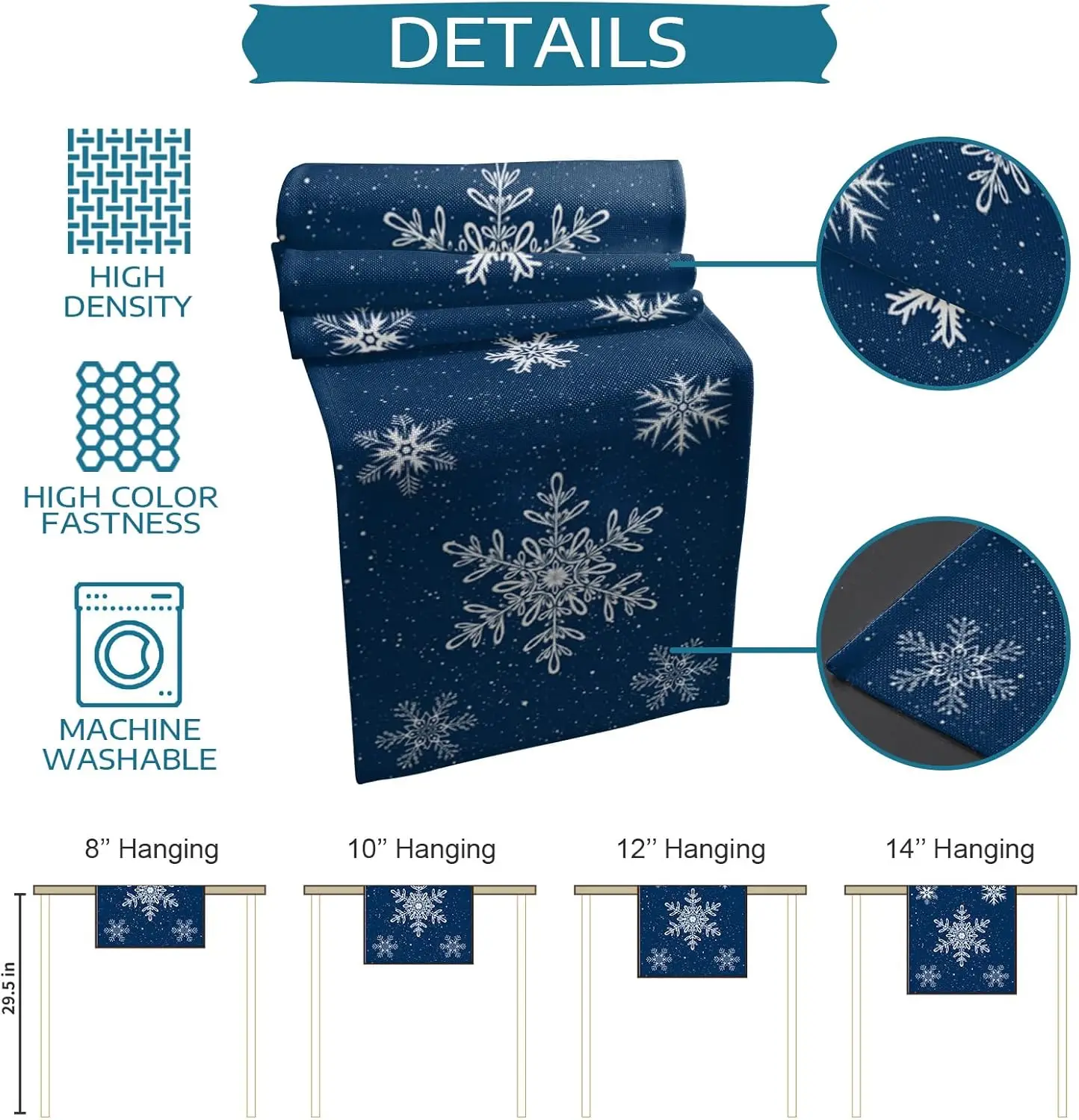 Runner da tavolo natalizi in lino con fiocco di neve blu navy, comò, sciarpa, decorazione, runner da tavolo da pranzo da cucina lavabili,