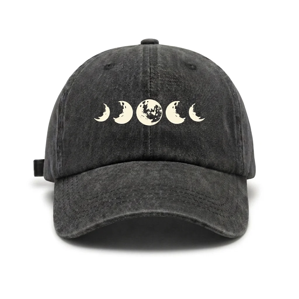 Adjustable Unisex Celestial Moon Phase Graphic Baseball Cap, Vintage Washed Dad Hat, Celestial Aesthetic Gift for Women