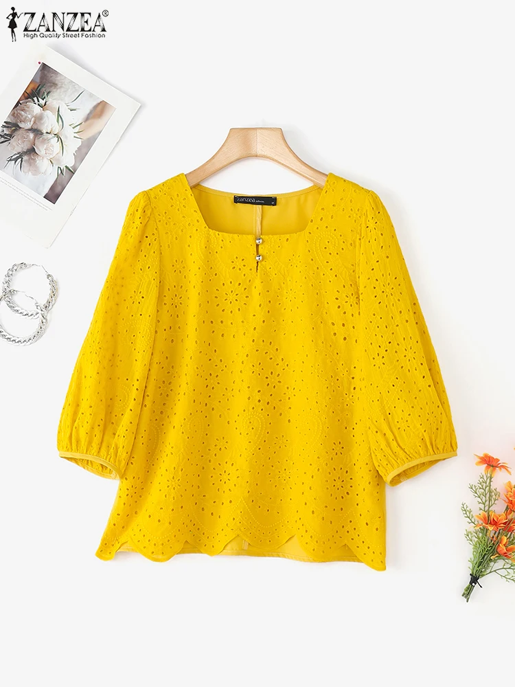 ZANZEA Vintage Blusas Women Lace Cotton Top Fashion 3/4 Sleeve O Neck Blouse 2025 Autumn Solid Color Tuinc Casual Loose Pullover