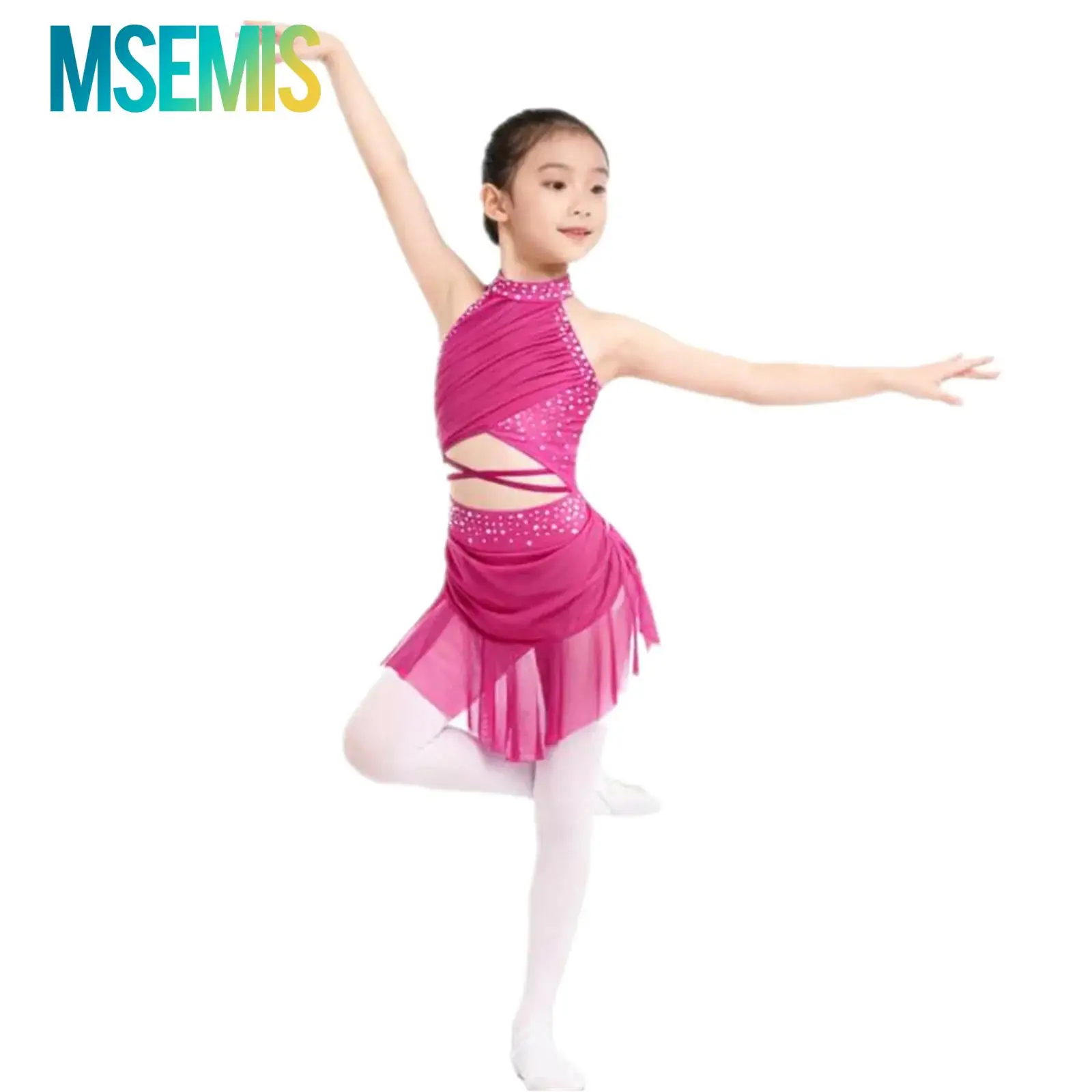 

Детский балетный костюм для девочек, лирический латинский художественный танцевальный костюм для катания на коньках, блестящее платье-купальник со стразами и вырезом на бретельках с открытой спиной