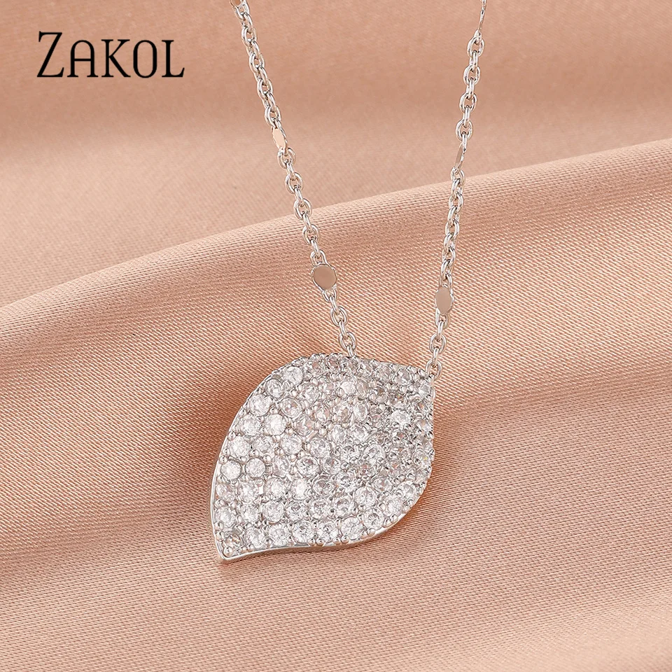 ZAKOL Large Single Leaf Shape Pendant Necklace For Women Girls Copper Micro-set Zircon Shiny Charm Jewelry Accessories