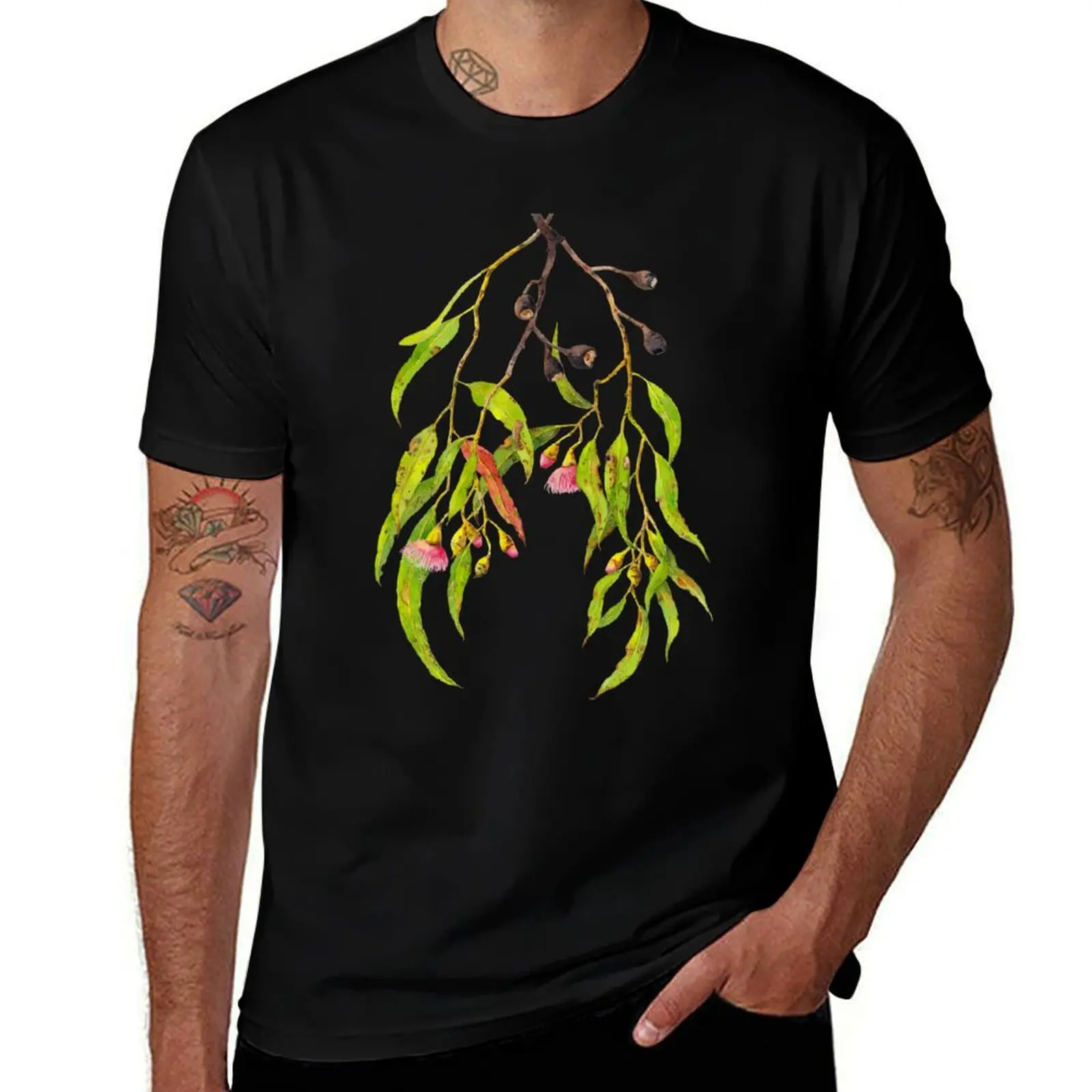 Eucalyptus Tree Branch with Pink Gum Flowers T-Shirt Worker Basic Short Sleeve Tee T-Shirt