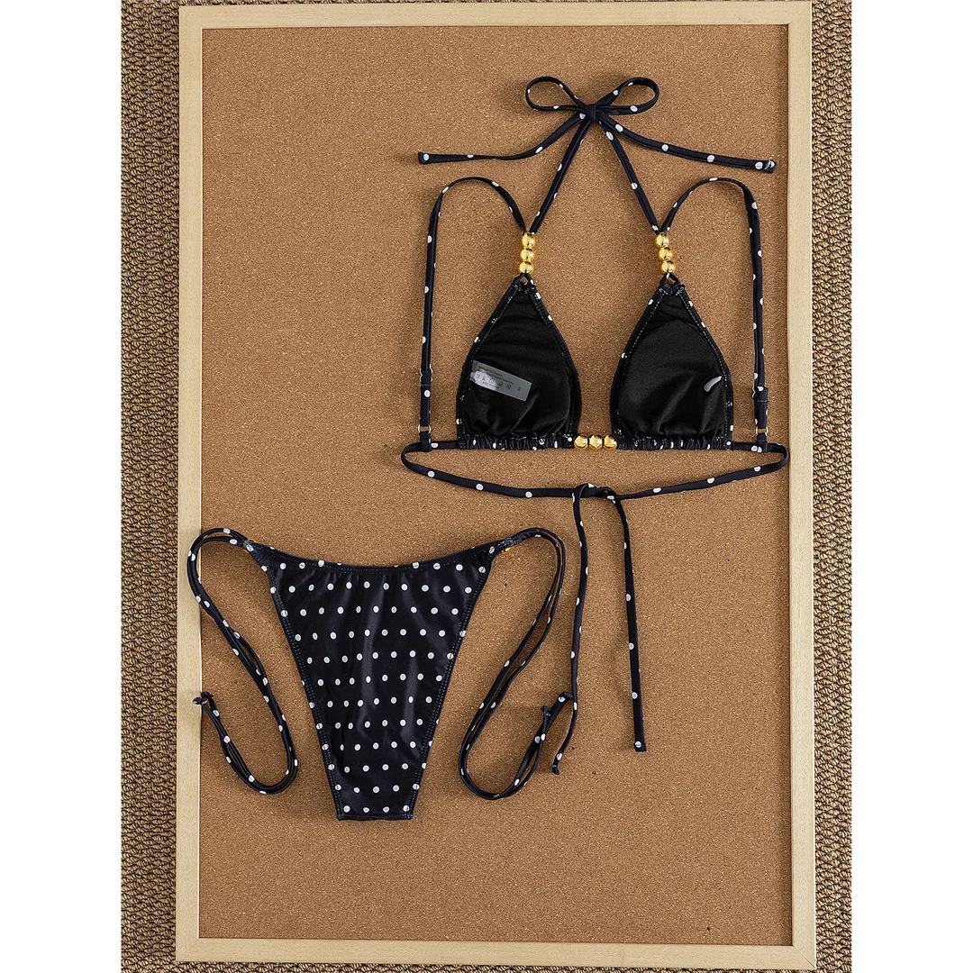 Polka Dot Neckholder-Bikini mit Metallperlen, Damen-Badeanzug, zweiteiliges Bikini-Set, gepolsterter Badeanzug, Badebekleidung, Schwimmbekleidung V8541 – Detail 7