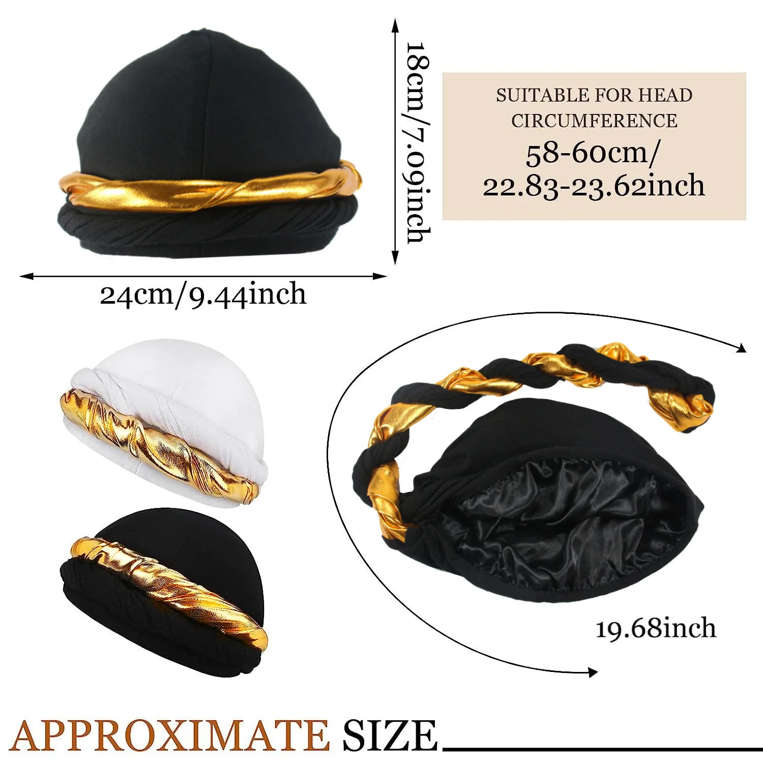 BlackGold Twisted Tail Hat Men\'s Satin Lined Headband Hat Patchwork Hip-hop Braided Hat Bandana Hiking Black Scarf