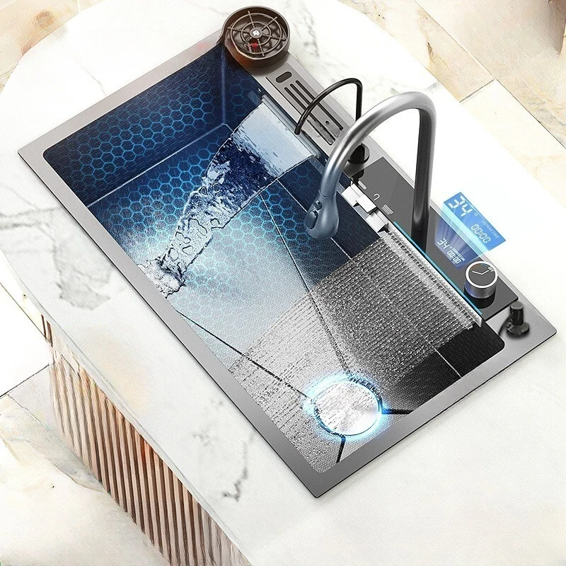 Kitchen Sink Stainless Steel Embossed  Large Single Slot Digital Display Waterfall Sink Multifunctional Dishwashing Sinks