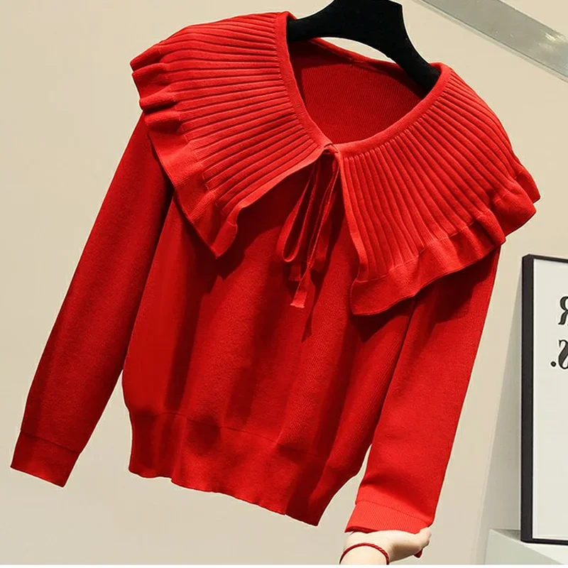 New Peter Pan Collar Knitted Pullovers Woman 2024 Long Sleeve Solid Soft Fall Sweater Lace Up Elegant Office Lady Jumpers