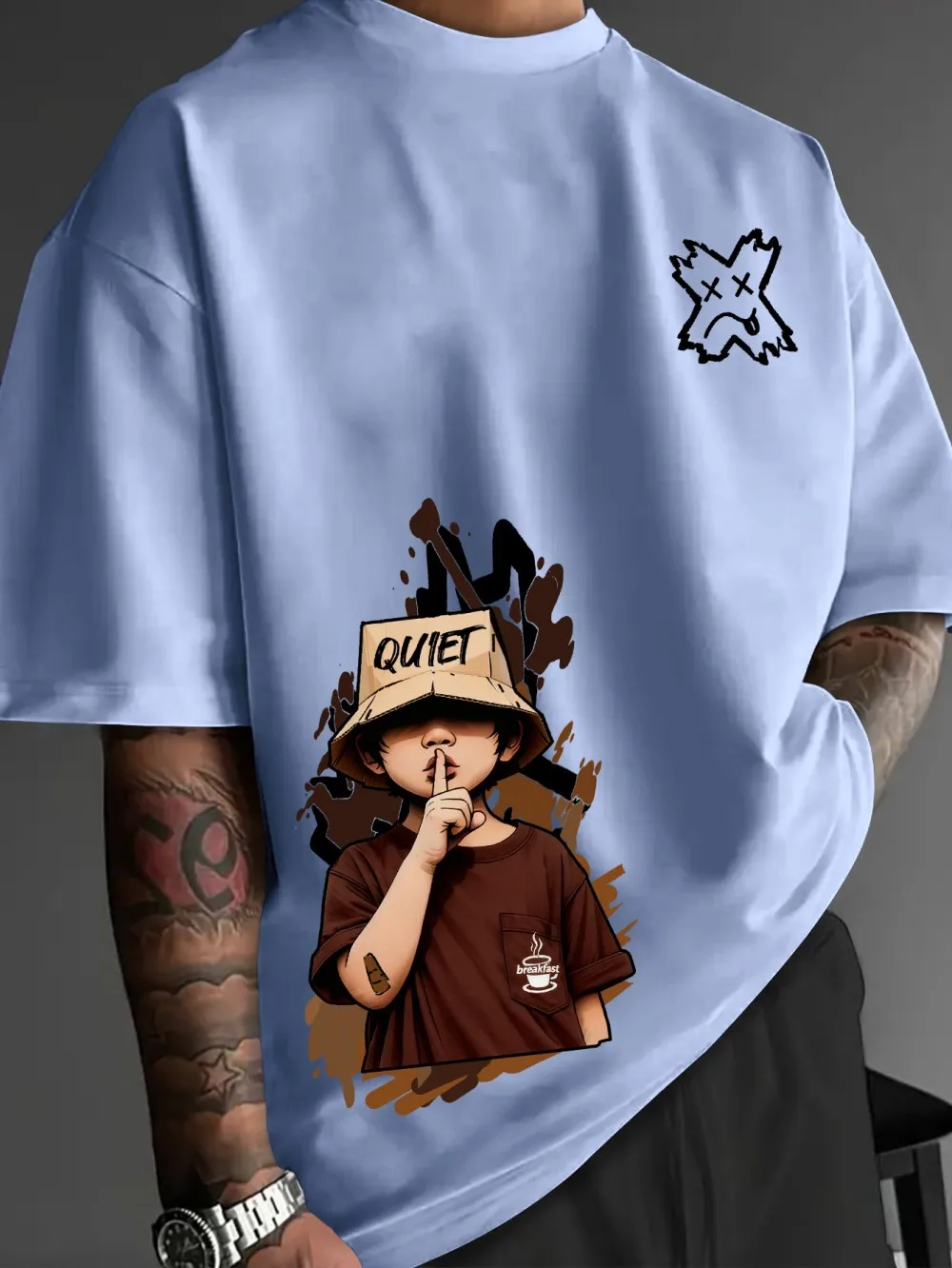 European and American Men's Summer Cartoon Character Letter Print Soft and Breathable Round Neck T-Shirt Outdoor Street Top